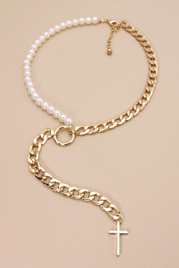 Cross Lariat Gold & Pearl Necklace